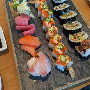 Sashimi, sunrise roll, spider roll
