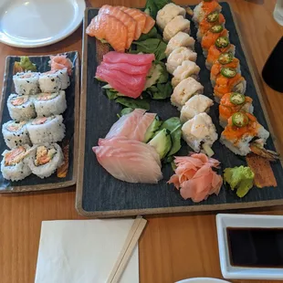 Columbia roll, sashimi, my lover roll, sunrise roll