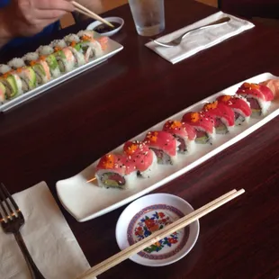 Tuna avocado cucumber roll, shrimp tempura roll and spicy tuna roll
