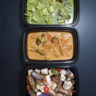 Green curry with tofu, mussamun curry with veggies, spicy eggplant with Tofu and veggies. Vegan