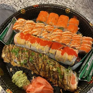 JD roll, flaming dragon roll, spicy tuna, spicy salmon roll, and Mexican roll!