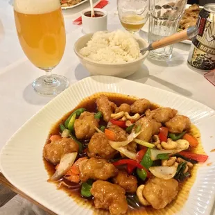 Bangkok chicken. Beer provided by yours truly.