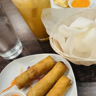 Spring Rolls, Crab Rangoon, Fish Chips &amp; Thai Ice Tea
