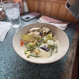 Green Curry with chicken. Rice was perfect. Lots of fresh veggies. Great flavor and spice.