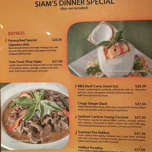 Siam's Dinner Special Menu
