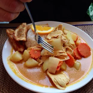 Yellow curry lunch special with dumplings and a spring roll!