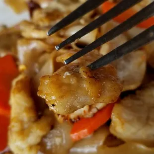 Perfectly cooked white chicken meat on the Pad See Ew!