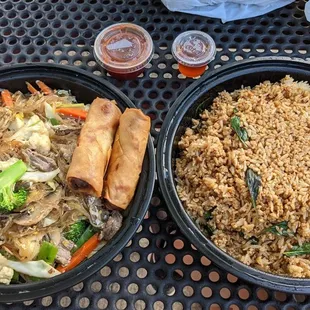 Left to right: Pad Woon Sen with beef, Basil Fried Rice with ground chicken