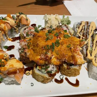 Shrimp tempura, volcano and naughty girl rolls