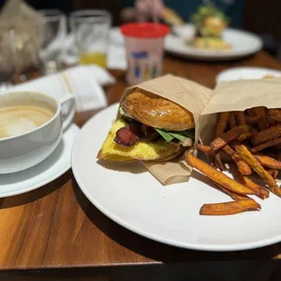 Pesto Breakfast Sandwich w/sweet fries $14.00 &amp; mint latte $5.25