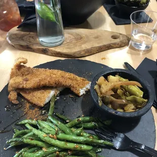 Catfish, stir fried veggies,  sweet chili green beans