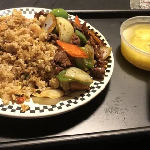 Lunch 19. Beef Pepper Steak Lunch Special with Fried Rice, Egg Drop Soup and Shrimp Fried Rice, outstanding!