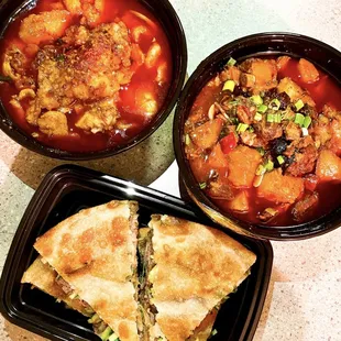 Scallion Pancake with Beef, Fish Fillet with Chili Oil Soup, Sweet Spareribs with Potato