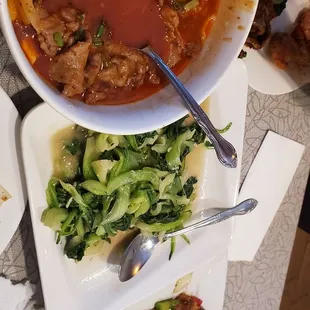 Beef in szechuan chili broth, garlic bok choy, salt and pepper shrimp