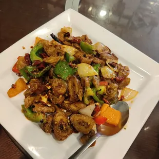 Stir fried pork intestines ($14.99).