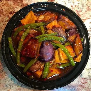 Eggplant, tofu, and green beans in spicy garlic sauce