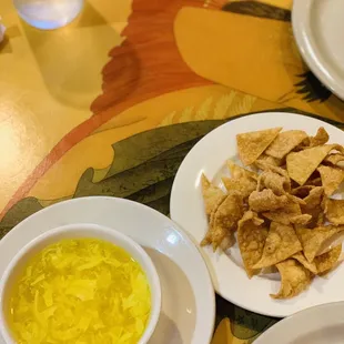 Egg drop soup and wonton strips