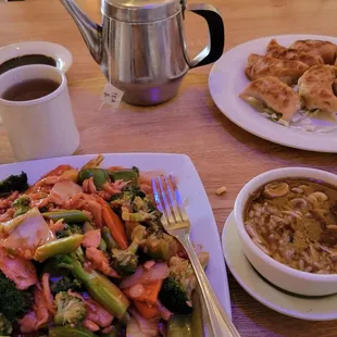 Mango garlic chicken, fried dumplings, hot and sour soup