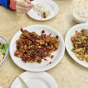 Dan Dan noodles, Lazi jiding (fried chili chicken), rabbit Zigong style