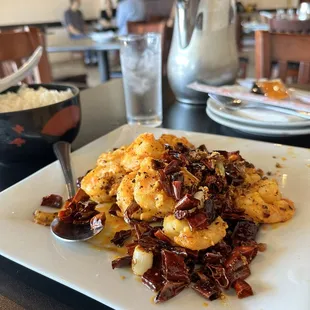 Crispy spicy shrimp with jasmine rice.