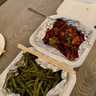 Stir fry green beans and crunchy spicy chicken cubes