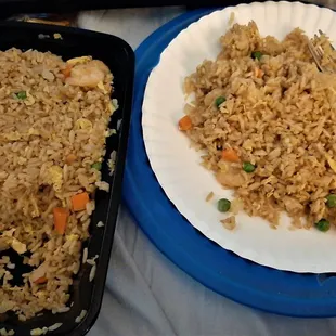 Shrimp fried rice. One order. Look at how much is still in container after almost half was put on the plate!