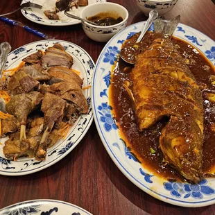 Crispy Duck and Beans Suace Steamed Fish