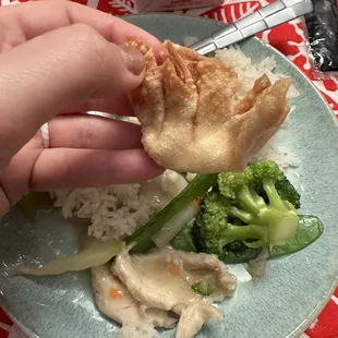 Cream cheese puffs with moo goo Gai pan