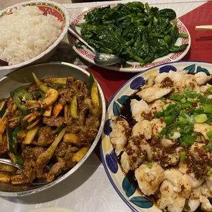 DP5 Dry Pot Lamb, pea shoots, CS2 Hot and Spicy Jumping Fish Filet