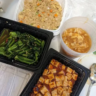 Veg fried rice, mapo tofu, hot n sour soup, yo tsai greens