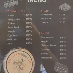 Menu of sandwiches, salads, and paninis