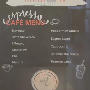 Coffee menu