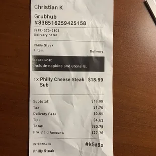 Grub Hub receipt
