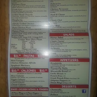 Back of menu,  bottom half