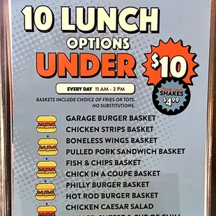 10 Under $10 Lunch Menu