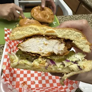 a person holding a sandwich