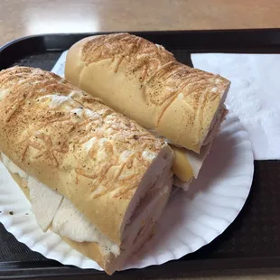 12 inch chicken, turkey, and cheese on white bread with garlic parmesan.