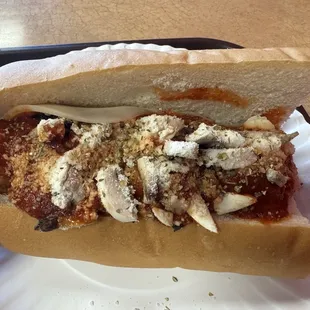 6 inch meatball on white bread with marinara sauce, provolone cheese, and mushrooms.