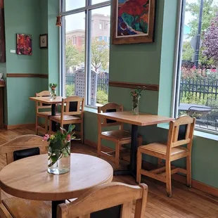 tables and chairs in a cafe