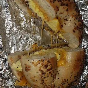 Sausage egg and cheese on an Everything Bagel.  Perfect breakfast sandwich!