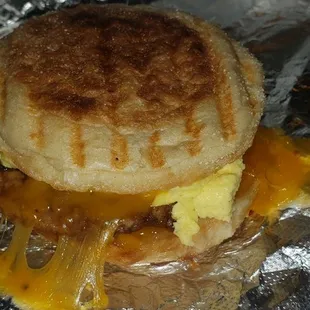 Sausage egg and cheese on an English Muffin.  Delicious!