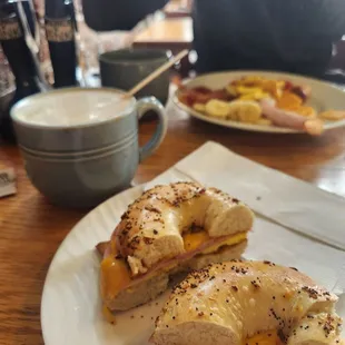 Cafe au lait and ham/egg/cheese bagel