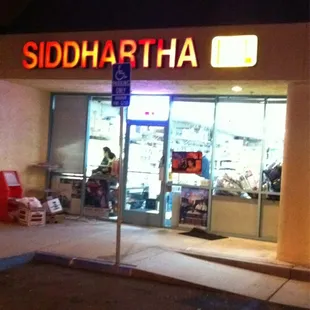 a storefront at night