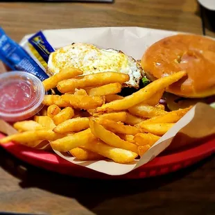 Breakfast burger and fries