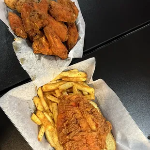 Chicken wings/Hushpuppies &amp; Fish/Cajun Fries