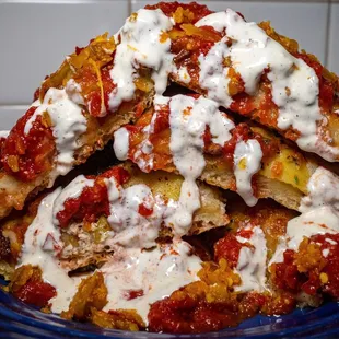 Black &amp; Blue (10x14") drizzled w/ marinara, blue cheese sauce, &amp; cherry peppers that comes on the side. tastes good this way!!