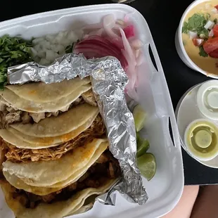 Three Taco Trio (Choose 3) with Chips and Queso 6 oz