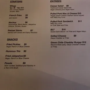 Separate vegan menu, not listed on their website.
