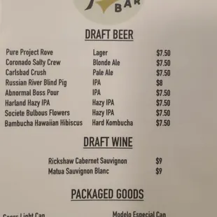 Beer and wine menu