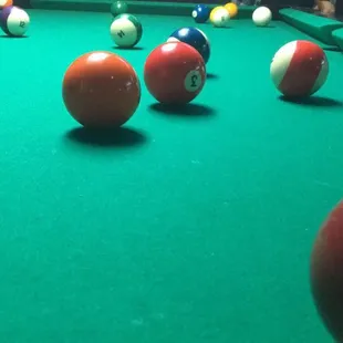 a pool table with eight billiards
